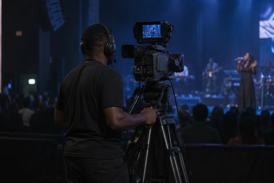 Illustrative scene of a camera operator filming a live concert under blue stage lighting